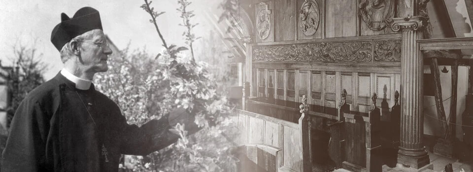 Black and white archival banner showing a clergyman beside carved church furnishings