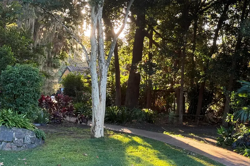 A garden path through the grounds at The Abbey Church in late afternoon light.